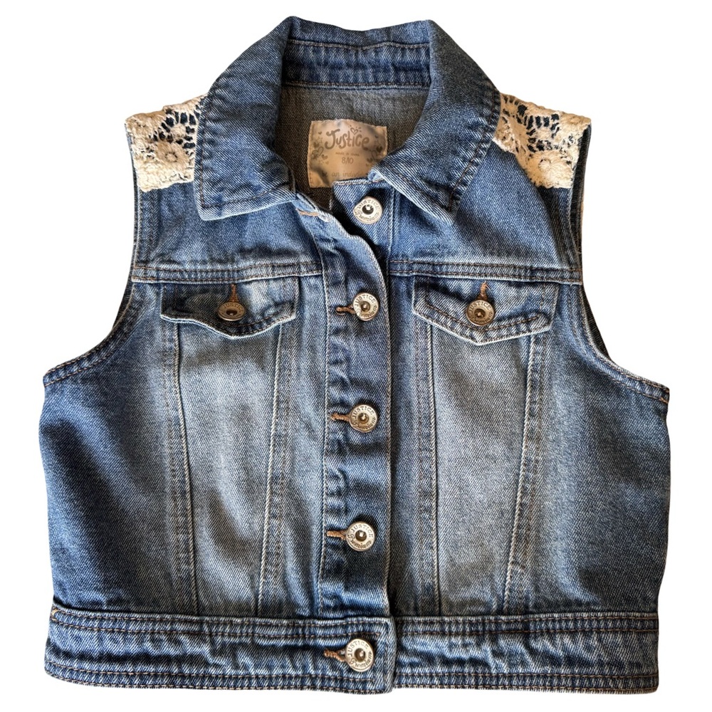 Justice Girls Denim Vest w/ Crochet Accents | Western Boho Style Size 8/10